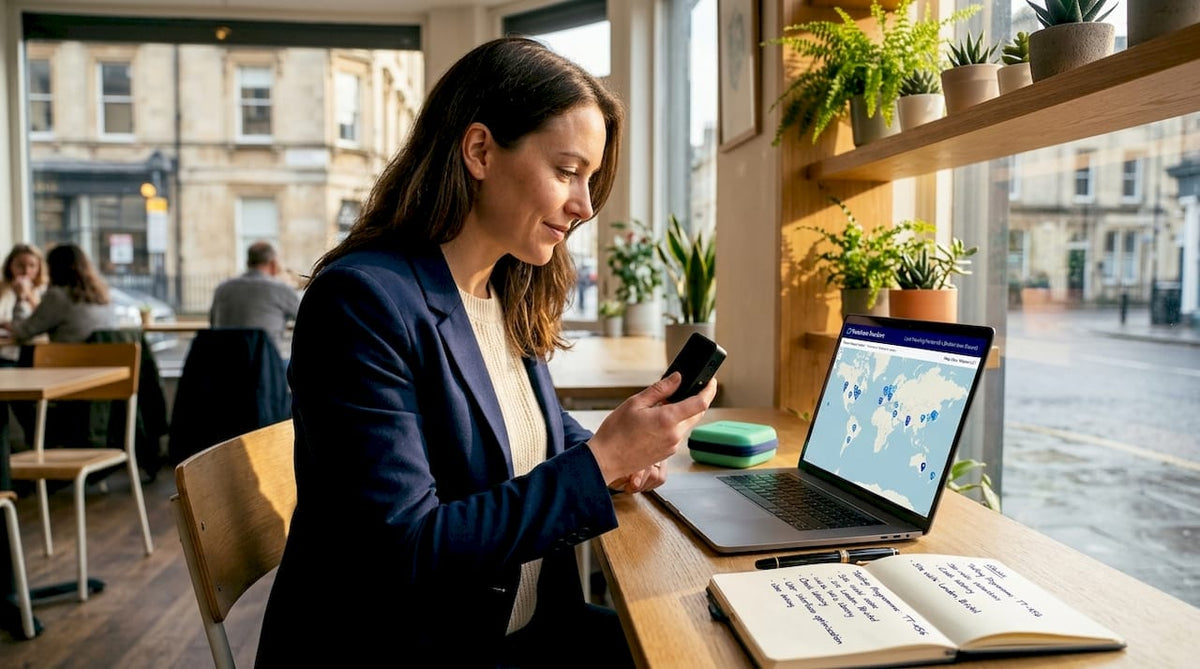 Analyst examining GPS tracker device at home desk