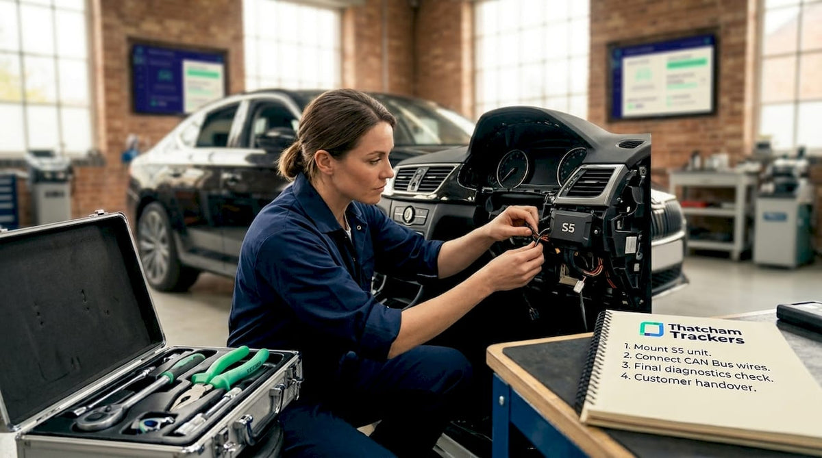Technician installing S5 tracker in car dashboard