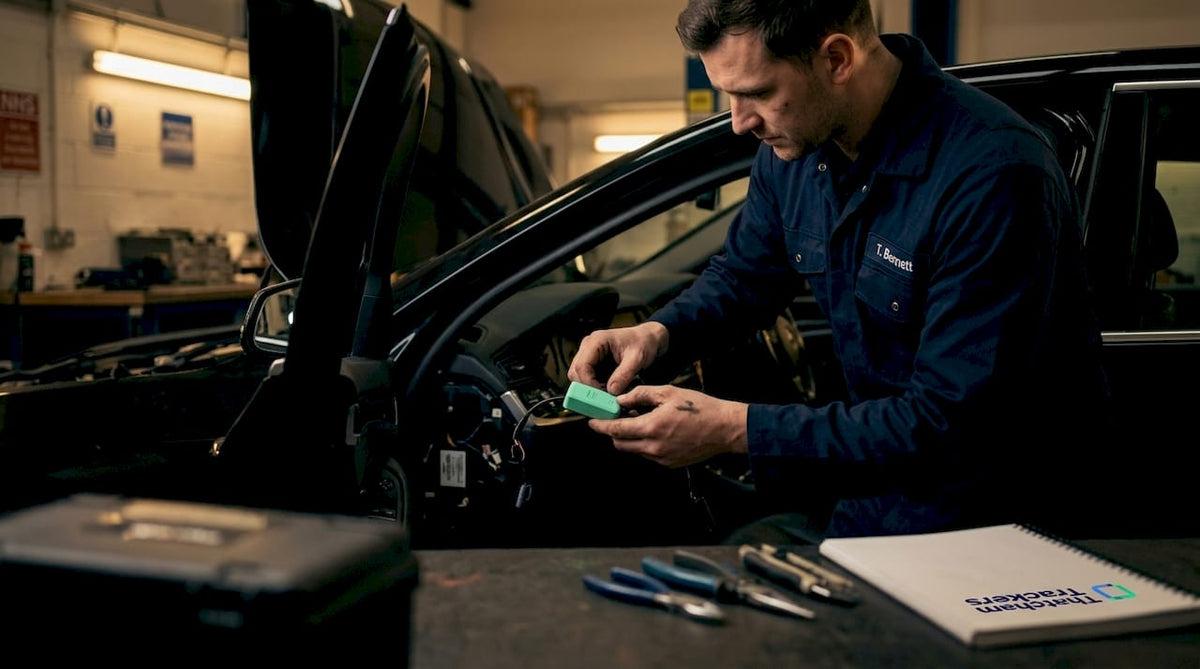 Technician installing car tracker device