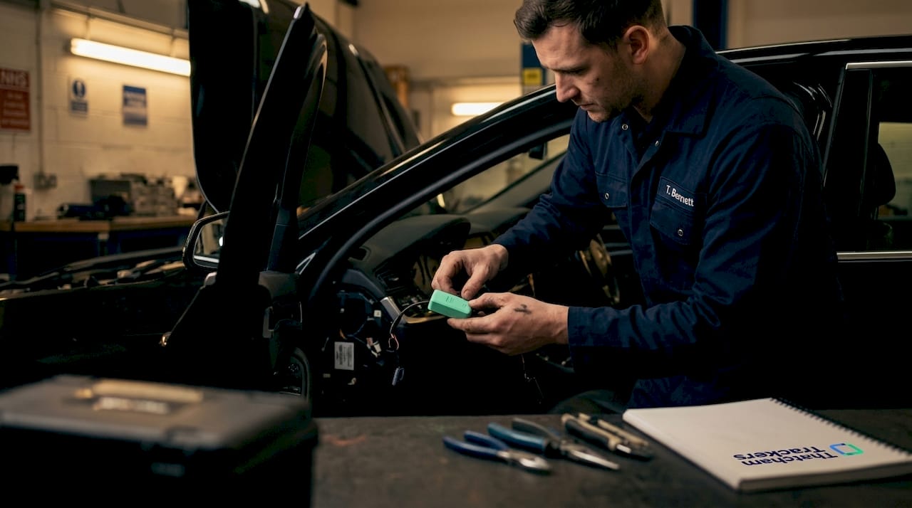 Technician installing car tracker device