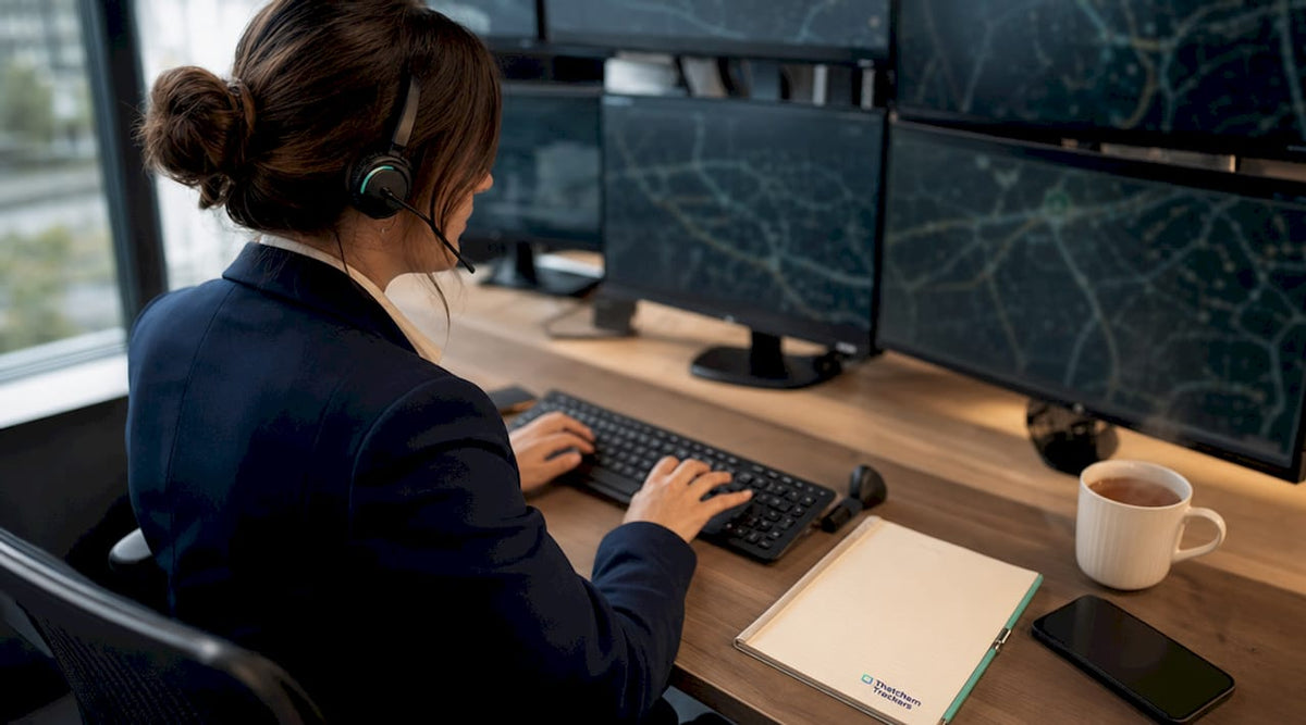 Security analyst monitoring car tracker alerts in control room