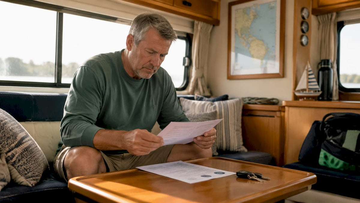 Man reading motorhome tracker certification inside vehicle