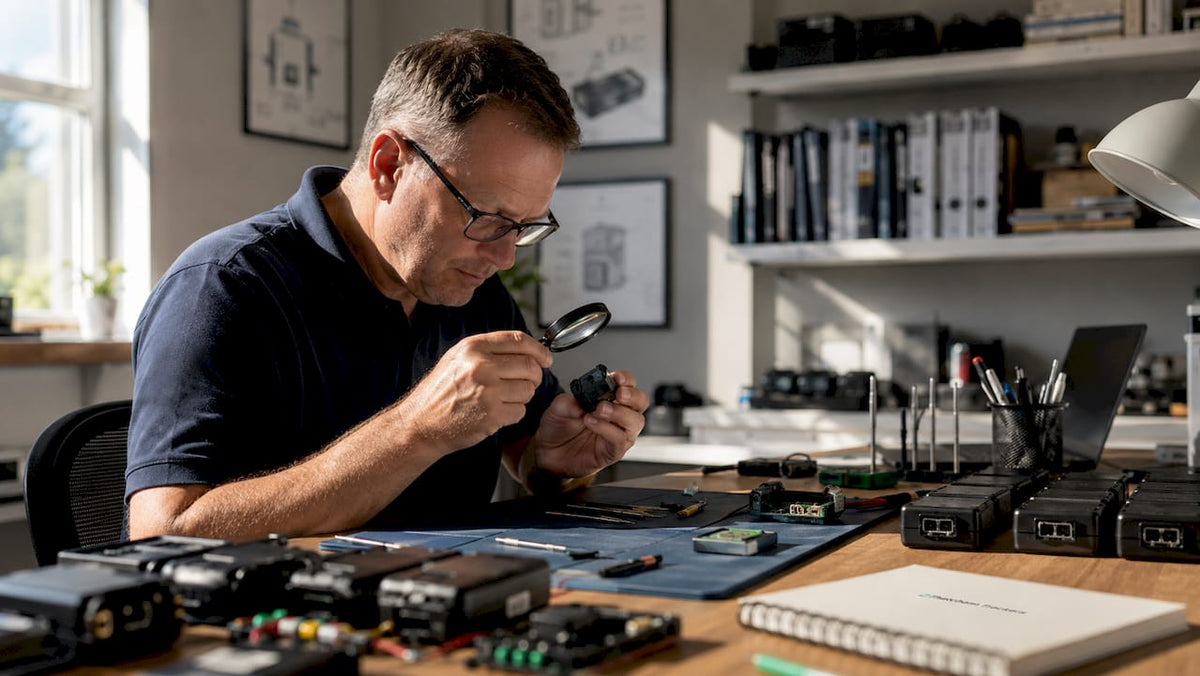 Technician inspecting GPS vehicle tracker device