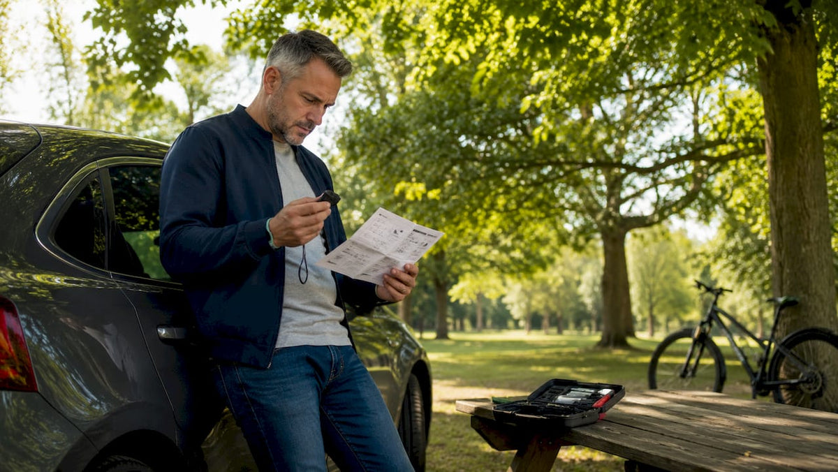 Man with GPS vehicle tracker near car