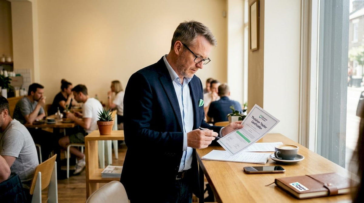 Insurance agent reviewing tracker certification document
