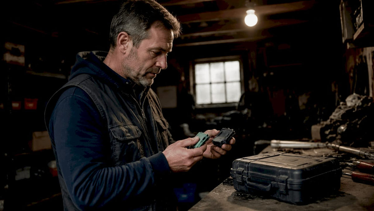 Technician upgrading S7 to S5 tracker in garage