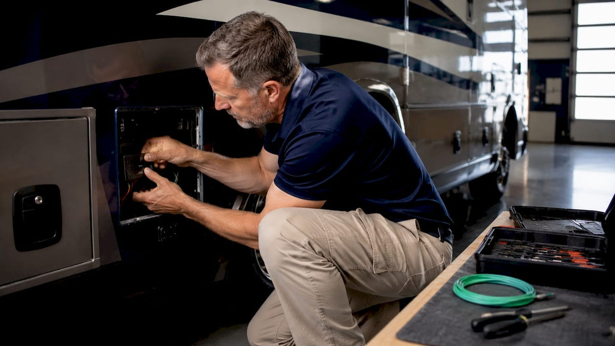 Technician installing GPS tracker in motorhome
