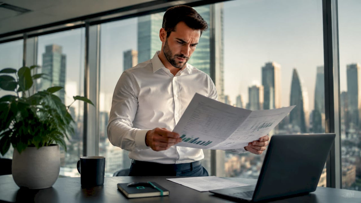 Man reviewing GPS vehicle tracking report in office