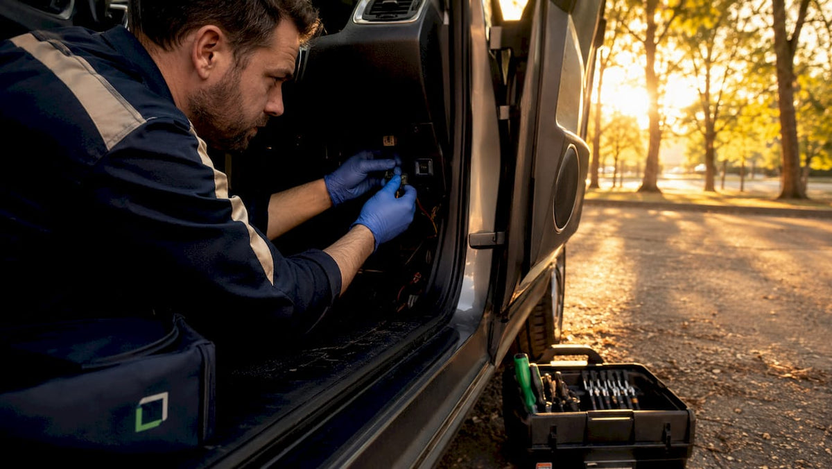 Technician installing GPS tracker in vehicle