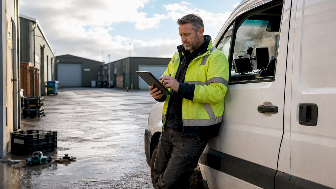 Man using tablet for vehicle tracking by van