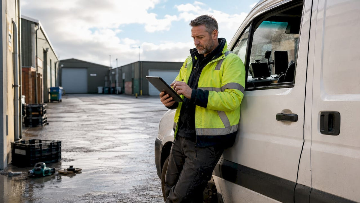 Man using tablet for vehicle tracking by van