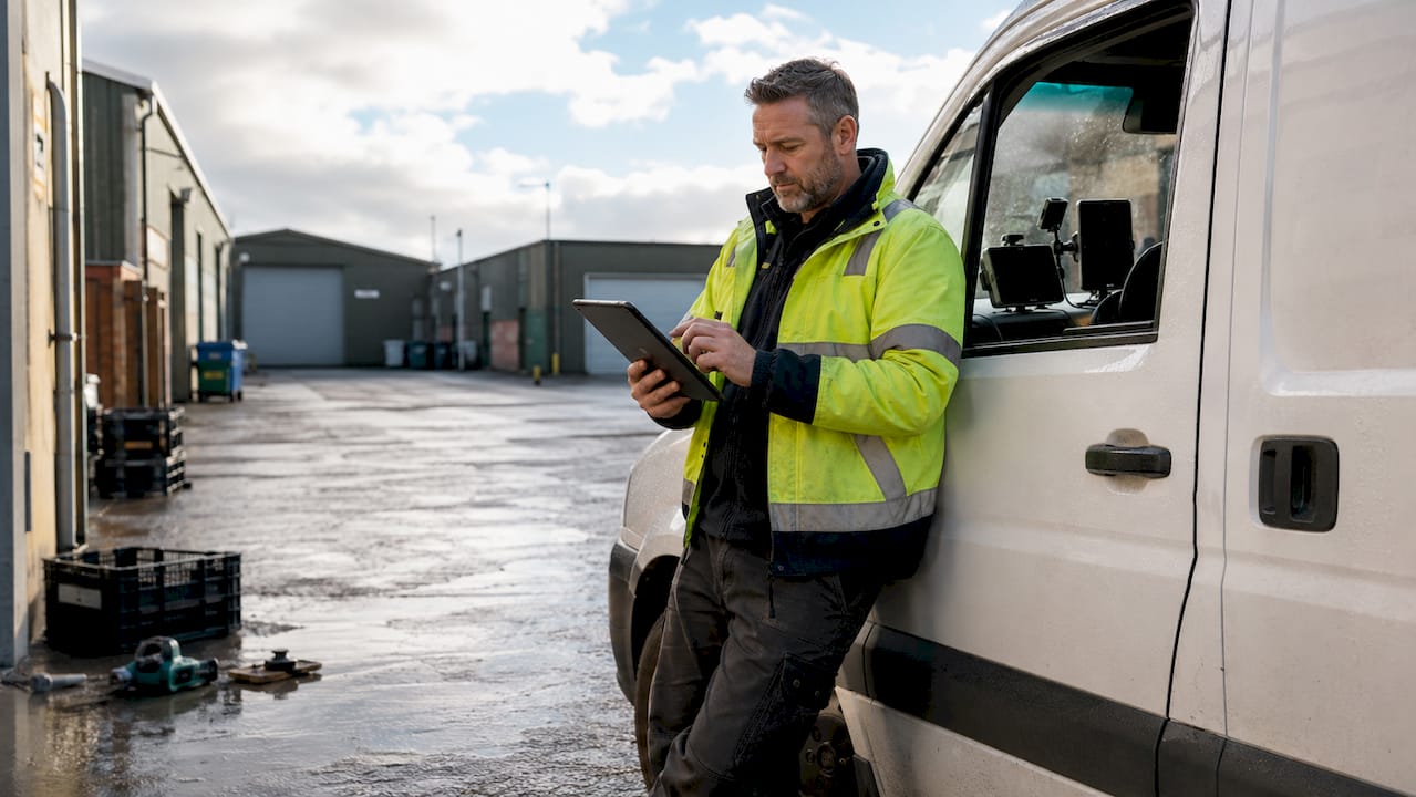 Man using tablet for vehicle tracking by van