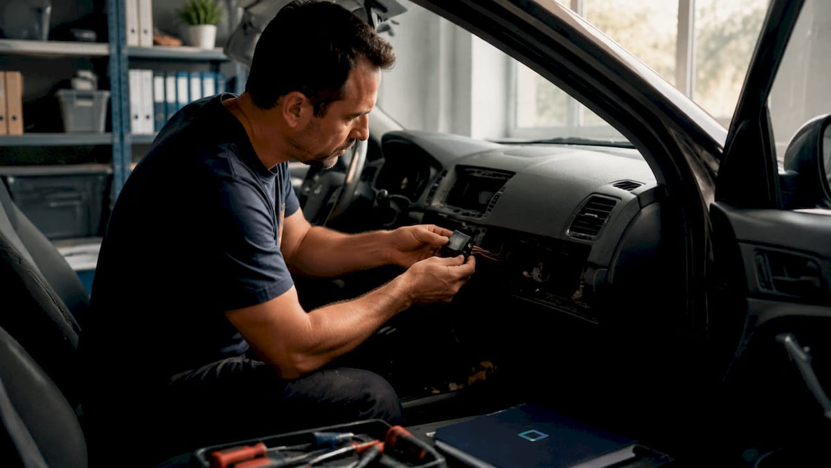 Technician fitting car GPS tracker inside dashboard