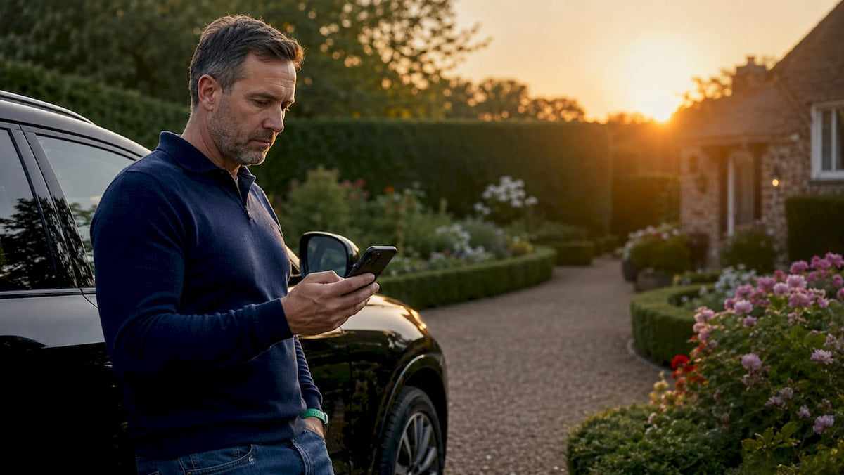 Man using GPS tracker app by his car at home