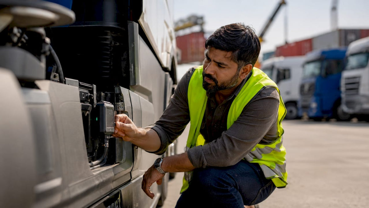 Fleet manager inspecting specialist tracker on large truck