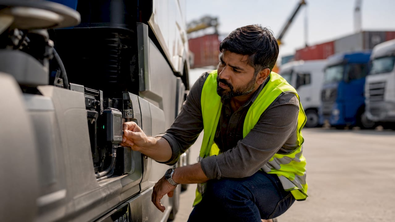 Fleet manager inspecting specialist tracker on large truck