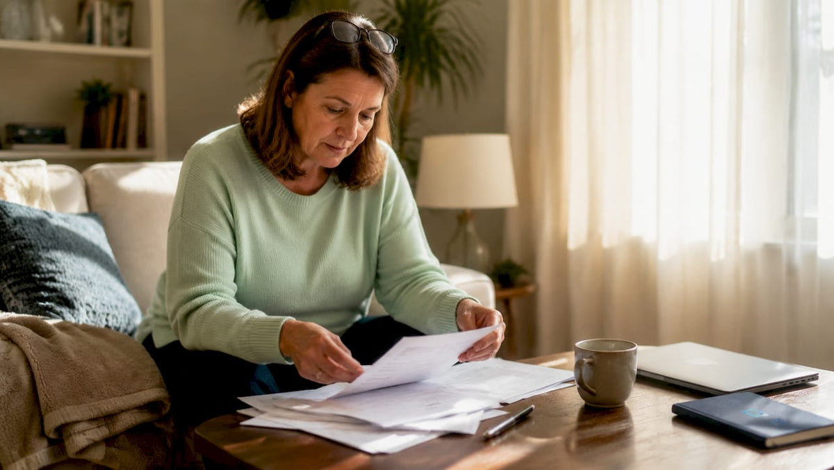 Woman reviewing car insurance papers at kitchen table