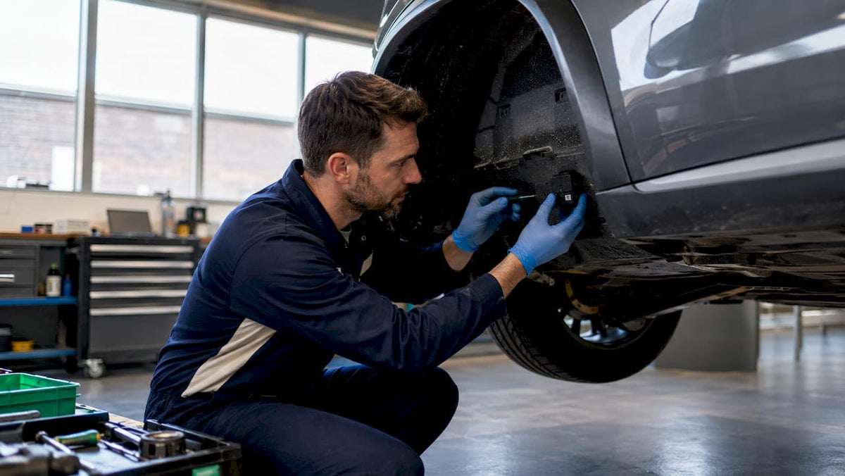 Technician installing hidden GPS tracker in vehicle
