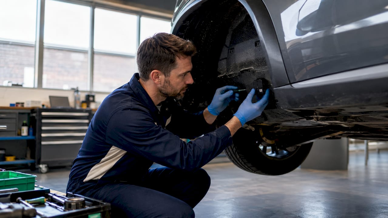 Technician installing hidden GPS tracker in vehicle