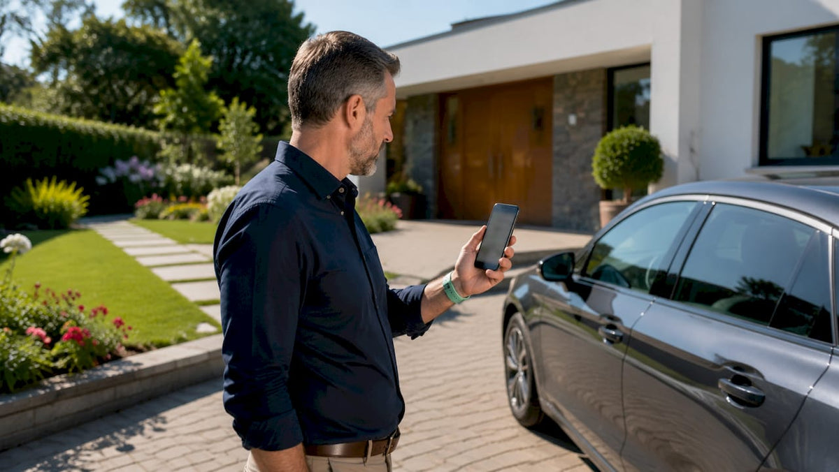 Man checking vehicle movement alert on phone