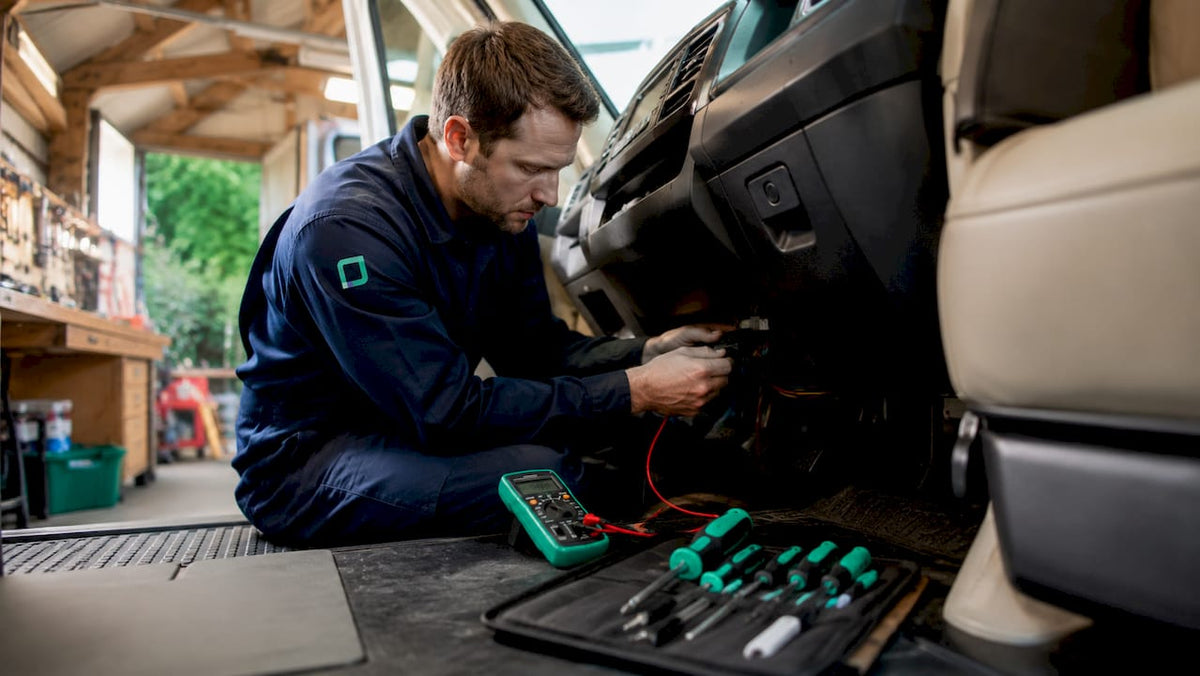 Technician installing Thatcham S7 tracker in motorhome