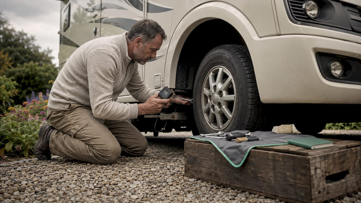 Man installing GPS tracker on motorhome chassis