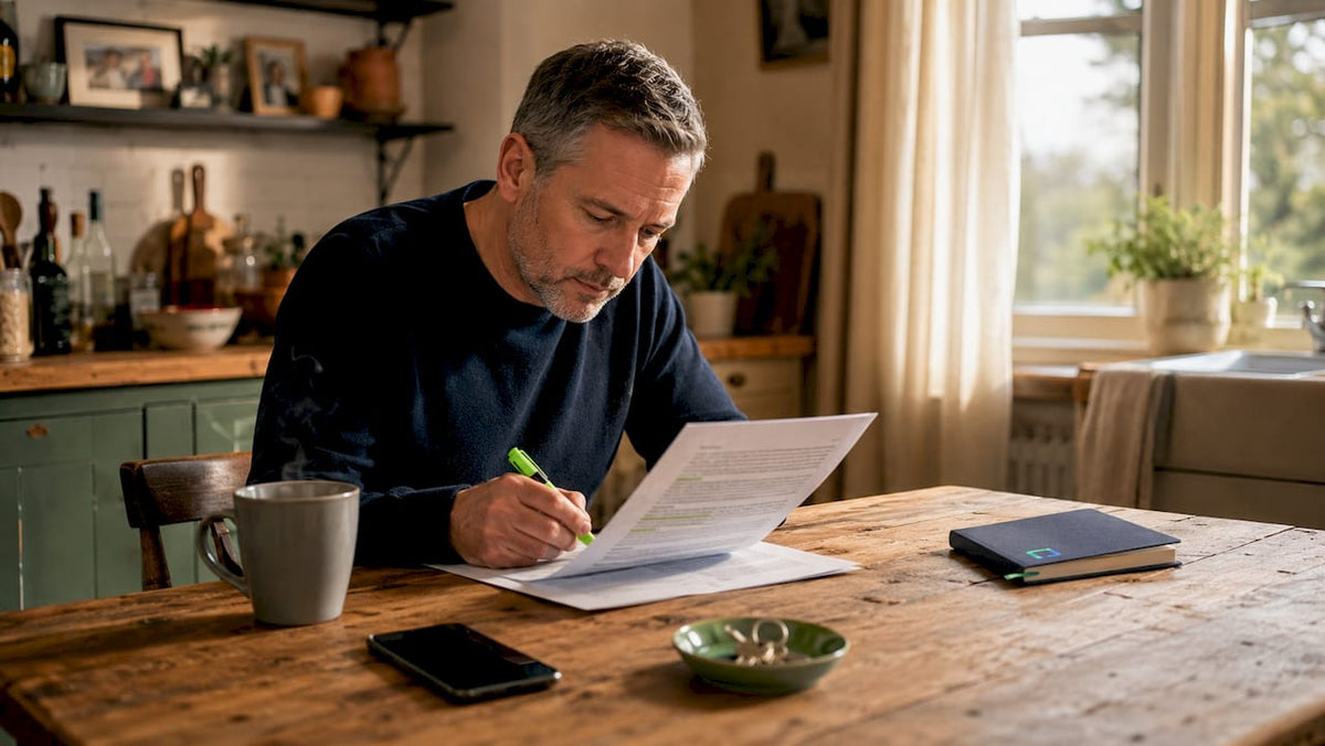 Man reviewing insurance tracker documents at home
