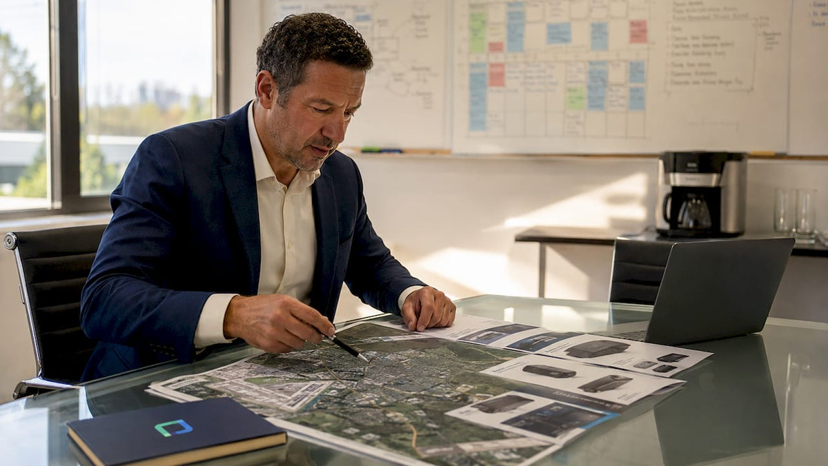 Fleet manager reviewing GPS maps in office