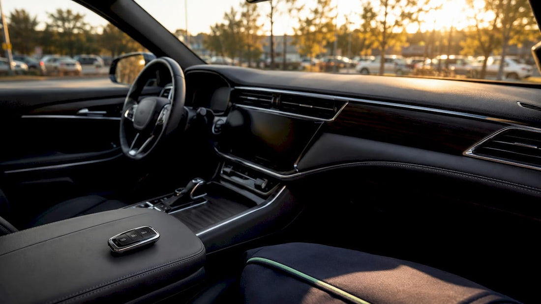 Keyless car dashboard with key fob nearby