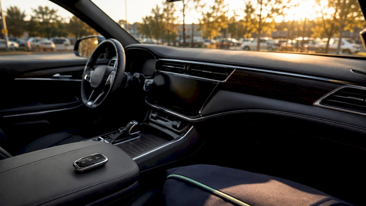 Keyless car dashboard with key fob nearby