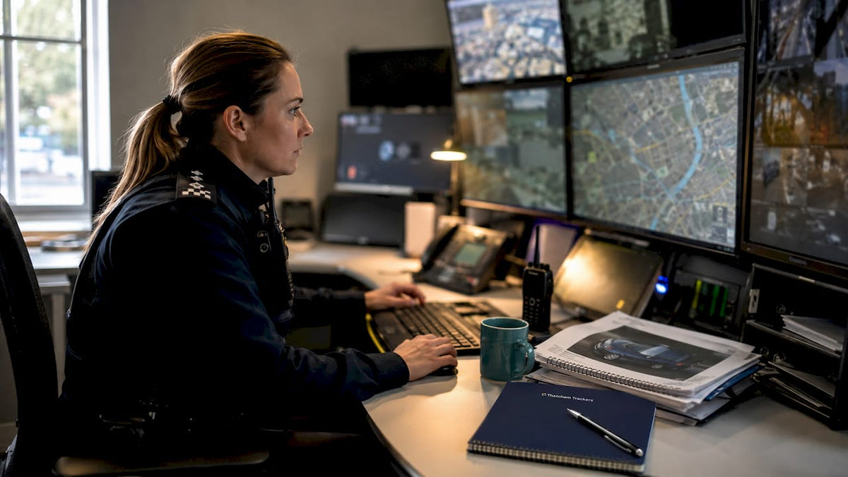 Police officer monitoring stolen vehicle tracker data