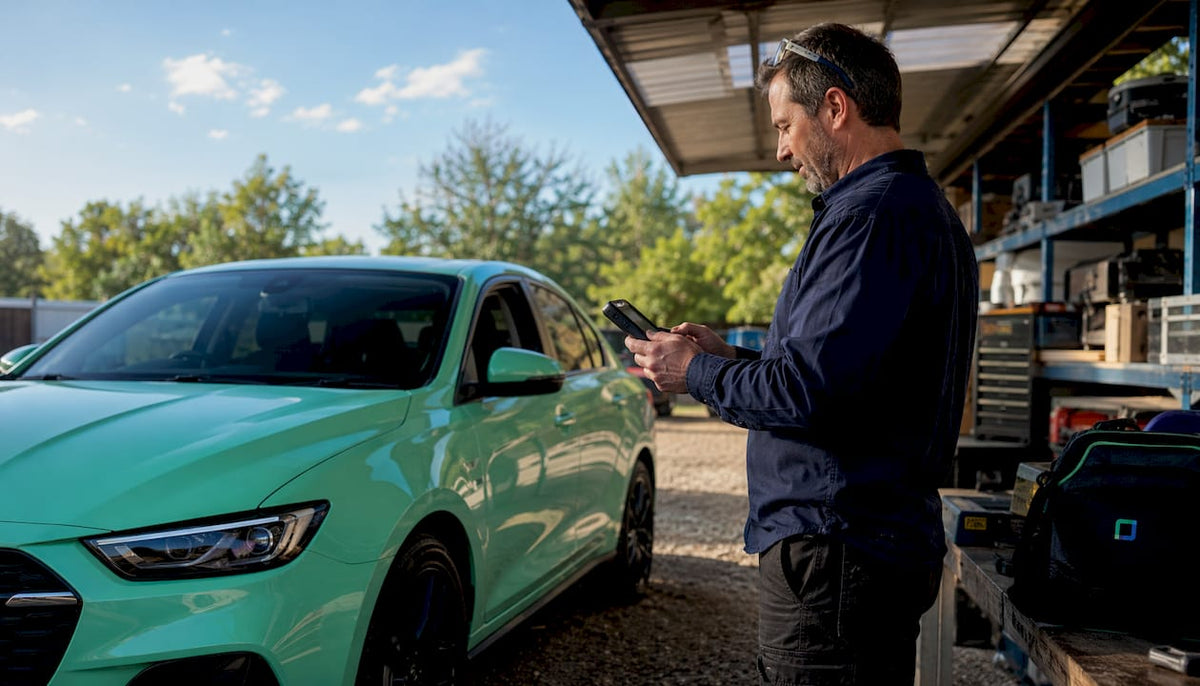 Engineer using GPS device beside vehicle in workshop