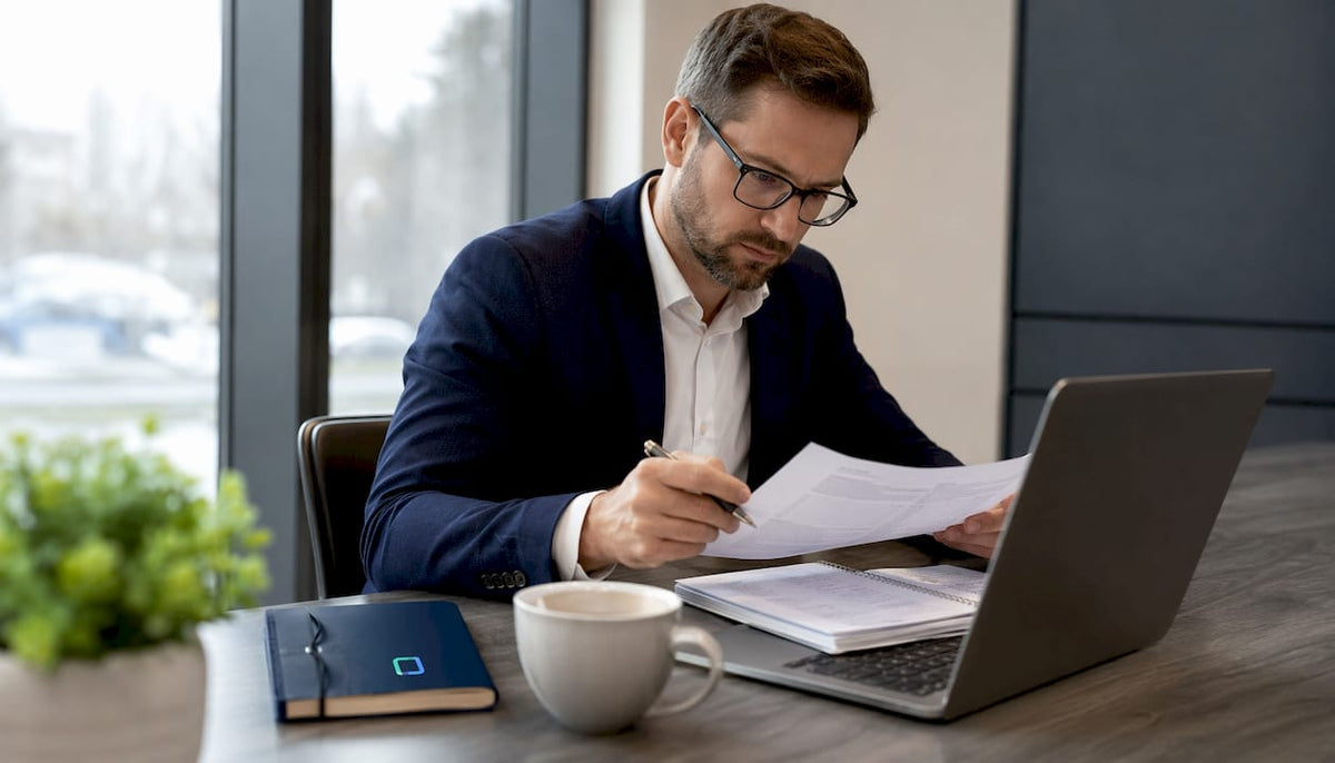 Insurance assessor reviewing tracker certification forms