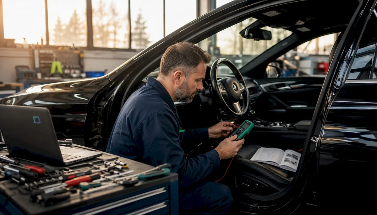Technician installing GPS tracker in prestige car