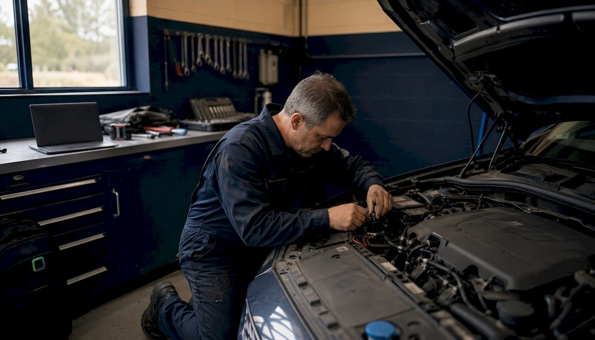 Mechanic installing car immobiliser tracker system