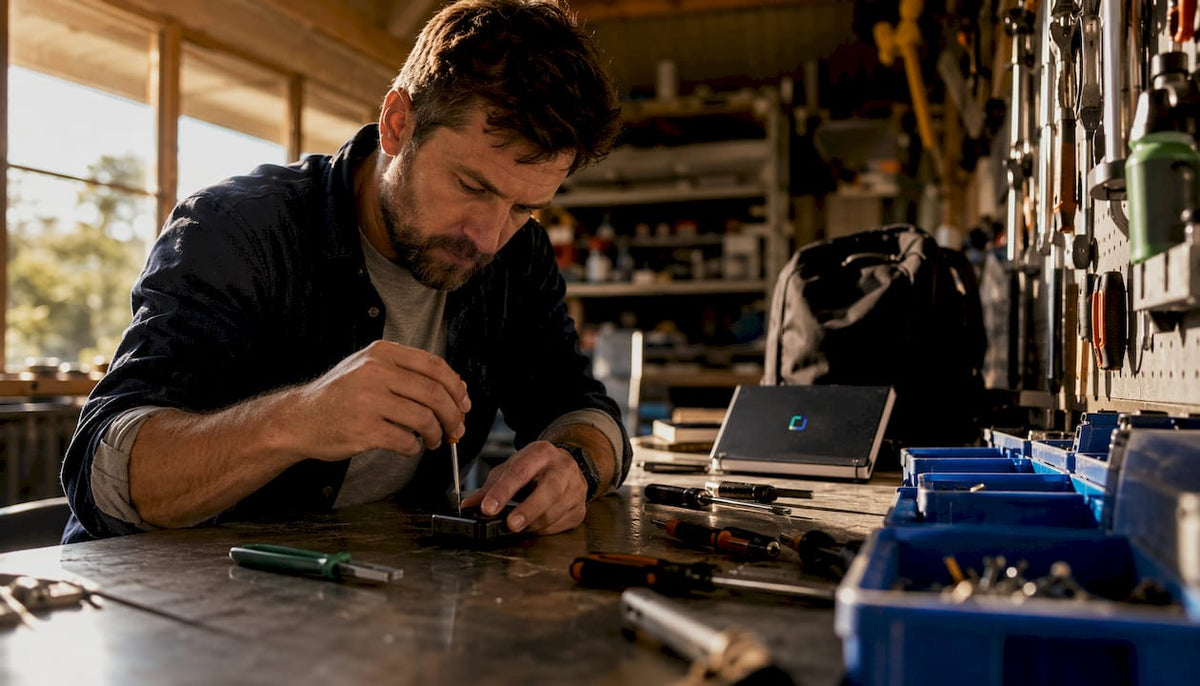 Technician adjusting GPS tracker for storage