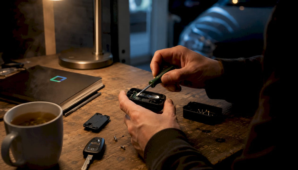 Overhead view of hands assembling car tracker device