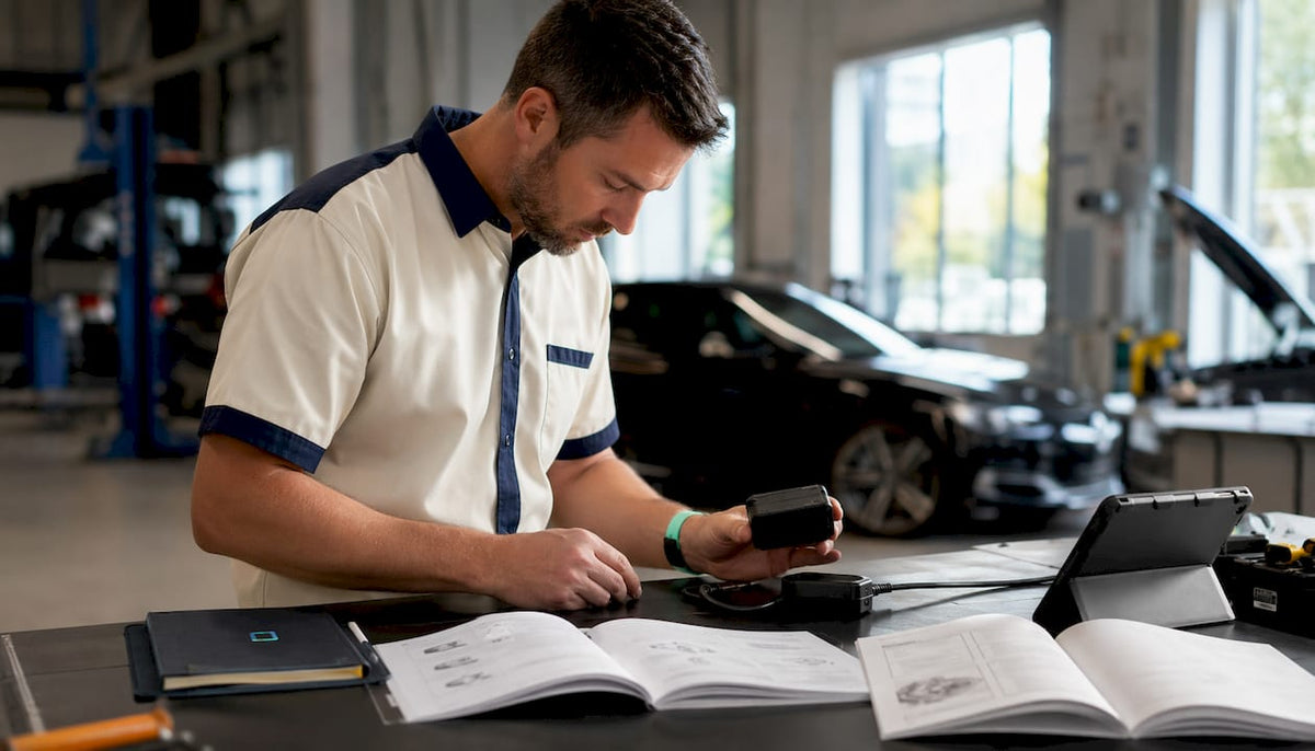 Technician inspecting UK vehicle tracker device
