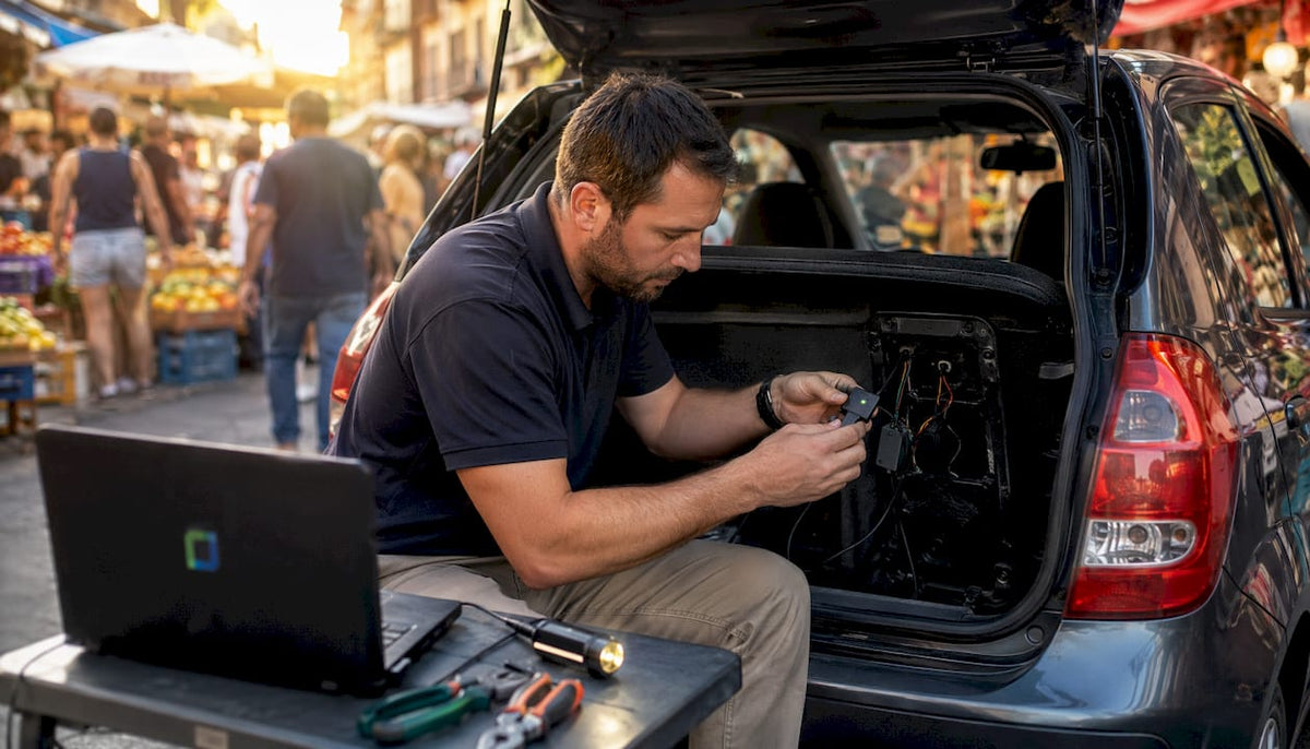 Technician installing vehicle tracker inside dashboard