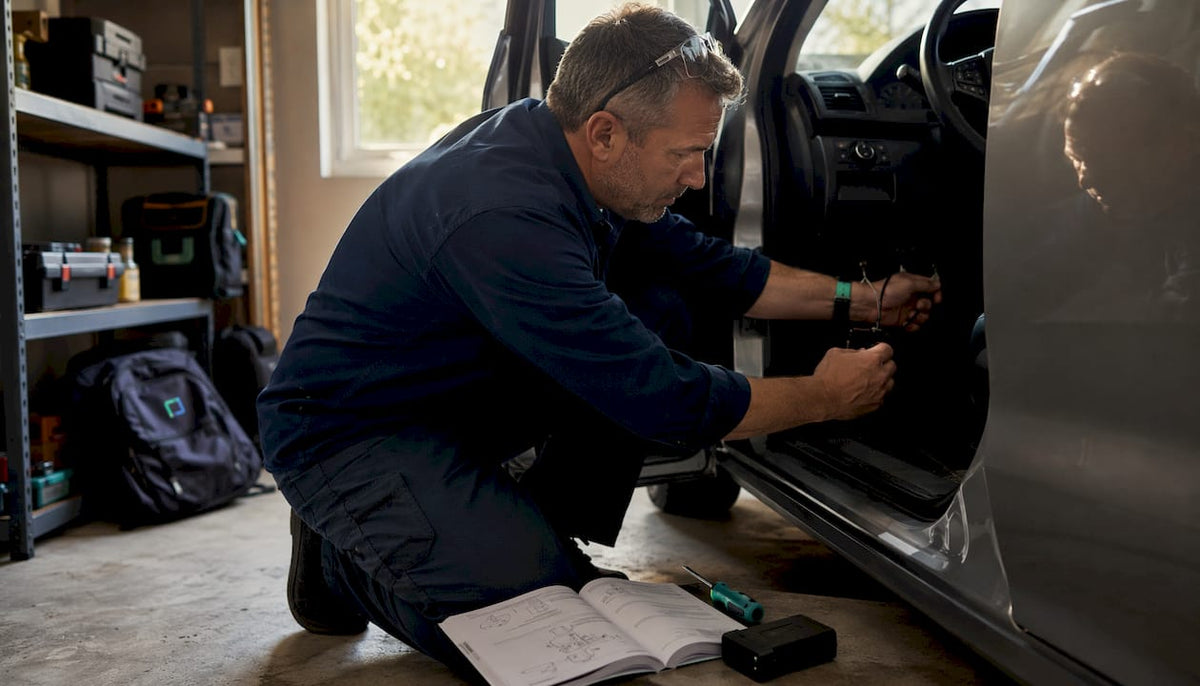 Man installing car GPS tracker