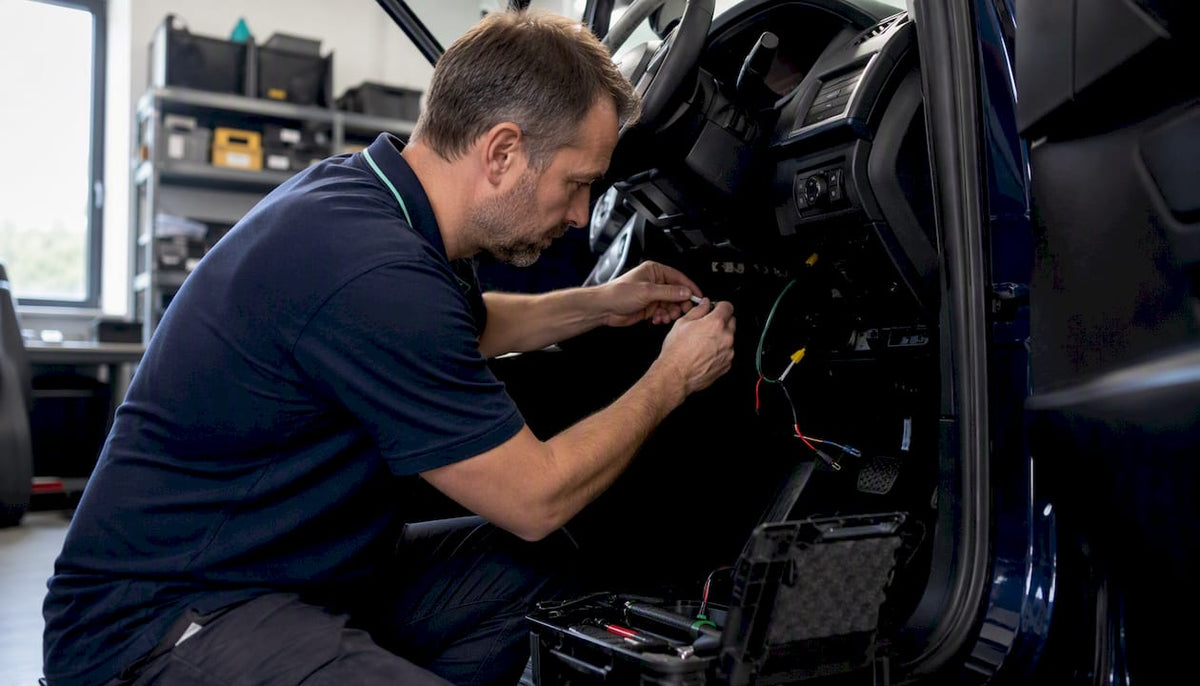 Installer fitting tracker under vehicle dashboard