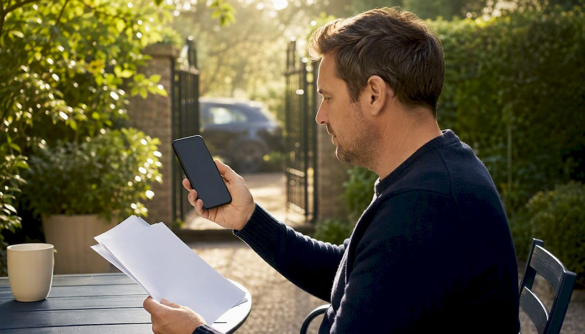 Car owner confirming tracker subscription with documents