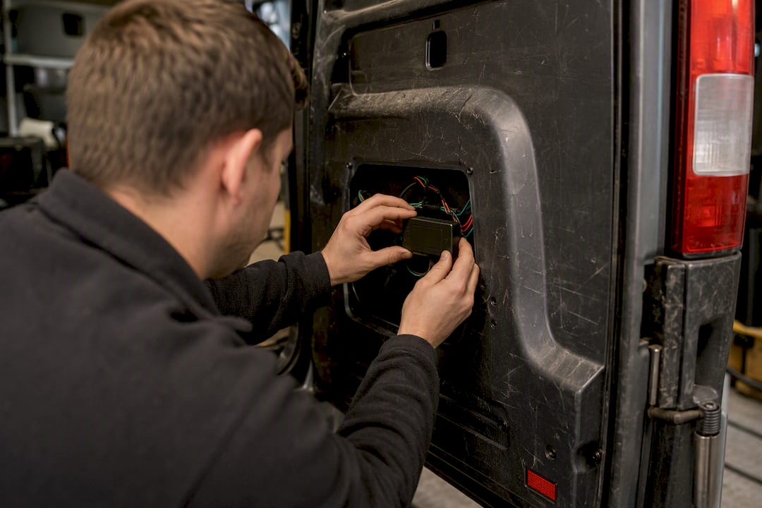Hands installing compliant vehicle tracker inside van