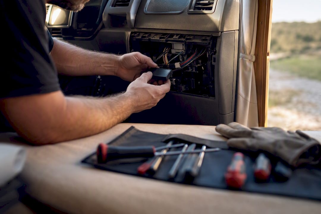 Hands installing vehicle tracker under dashboard