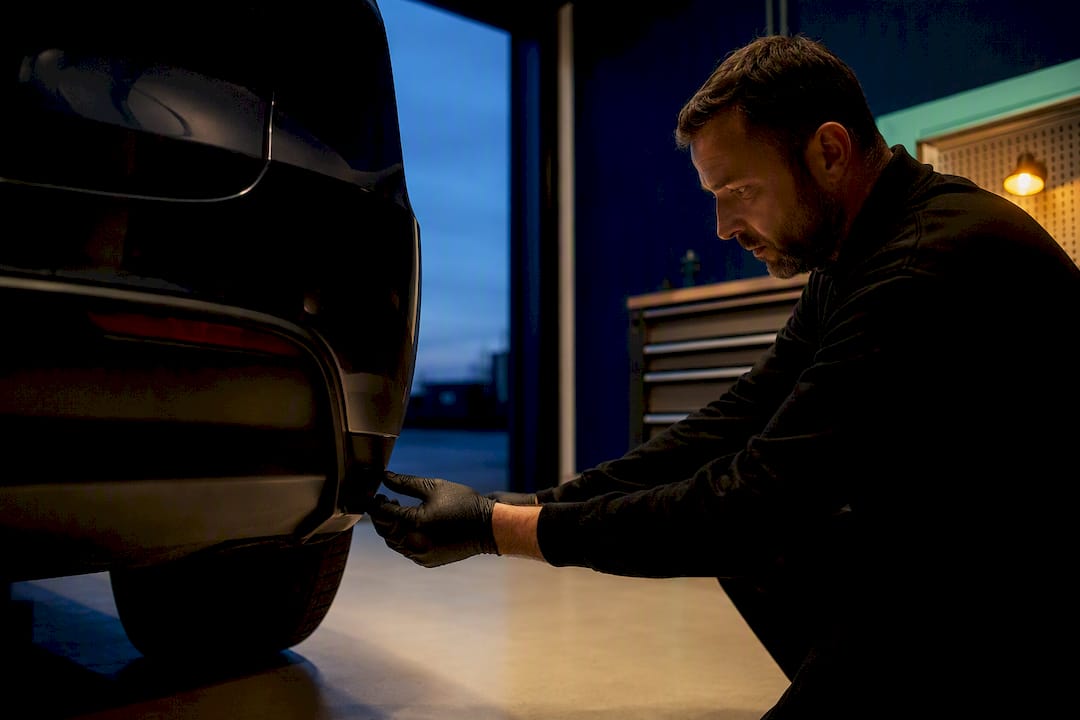 Technician checking discreet vehicle tracker