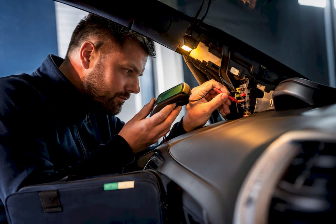 Electrician testing dashcam wiring at service bay
