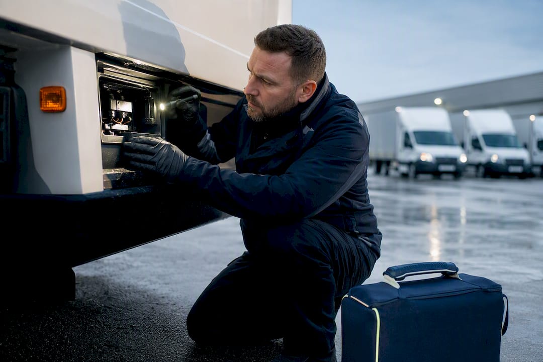 Technician inspecting fleet tracker installation