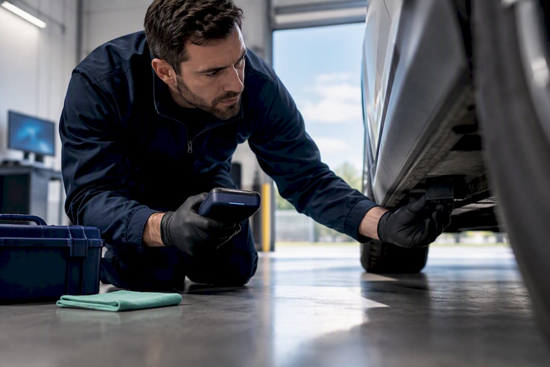 Technician checking concealed fleet tracker