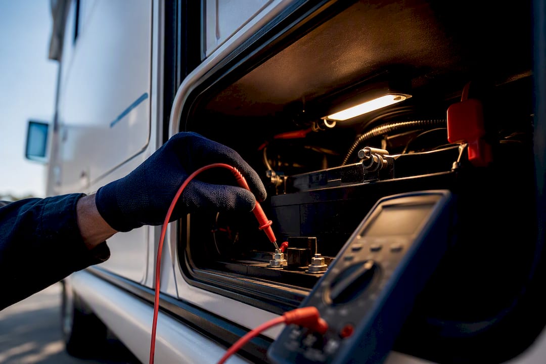 Engineer checking motorhome battery voltage