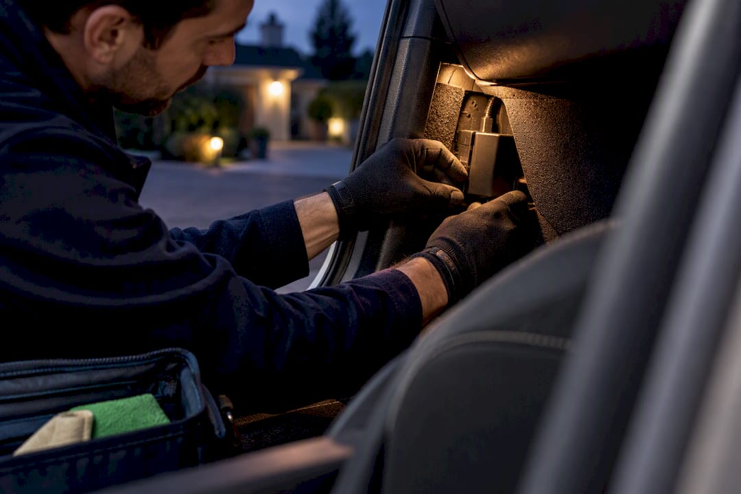 Technician inspecting concealed vehicle tracker